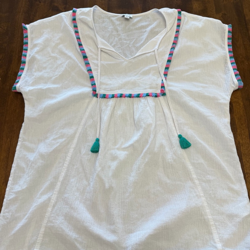 Women’s J Crew 100 Cotton Beach Tunic Top Tassle Fringe White Large